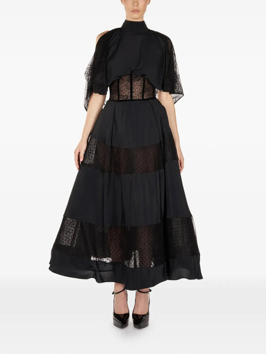Araftu Lace Detail Panelled Midi Dress — Black — Size XS — Front View