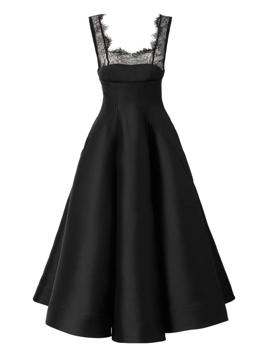 Araftu Lace Detail Flared Midi Dress — Black/ Red — Size XS — Front View