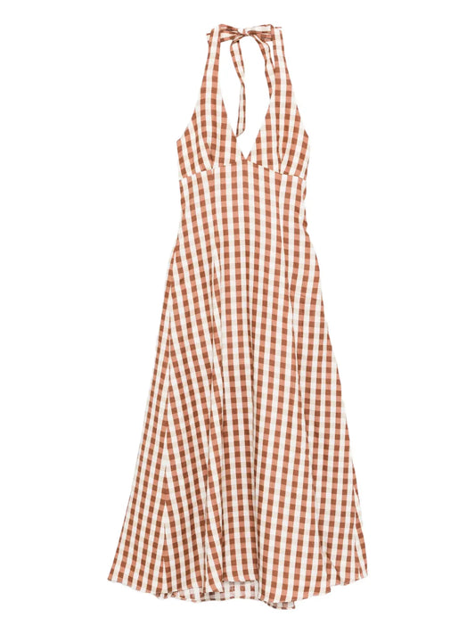 Faithfull The Brand Gingham Halterneck Midi Dress — Brown — Size S — Front View