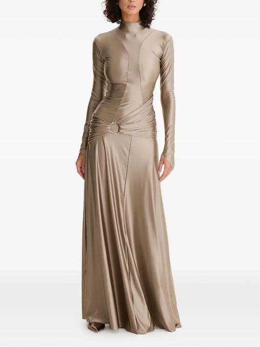 Moos Studio Ring Detail Long Sleeved Maxi Dress — Beige — Size XS — Front View