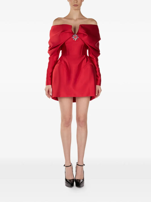Araftu Off Shoulder Embellished Mini Dress — Red — Size XS — Front View