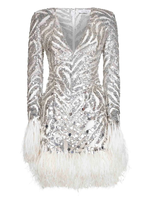 Alina Sequin Feather Embroidered Dress — Grey/ Red — Size XS — Front View