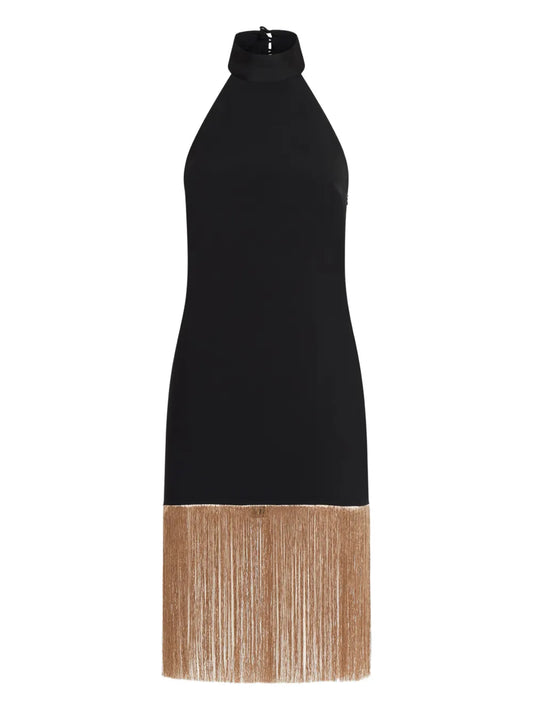 Taller Marmo Berlin Halterneck Fringed Mini Dress — Black — Size S — Front View