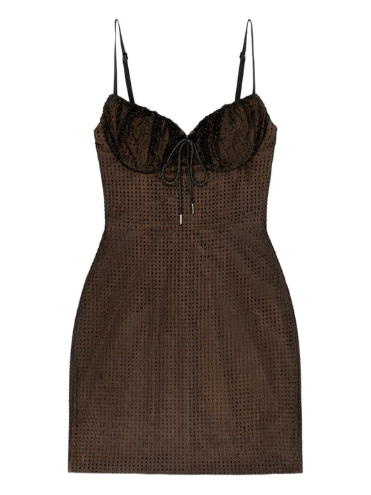 Area Crystal Hotfix Mini Dress — Brown — Size S — Front View