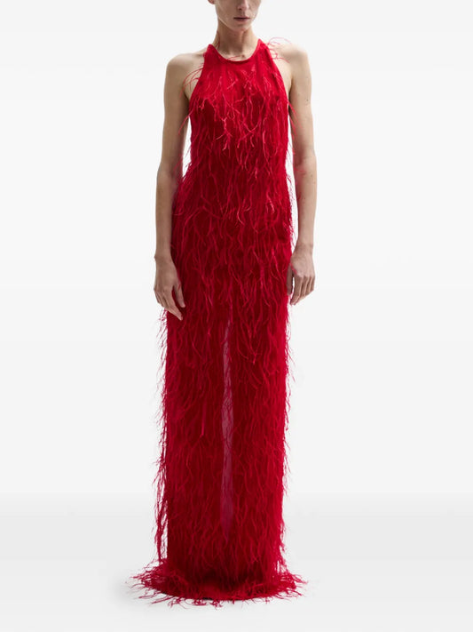 Atu Body Couture Ember Feather Halterneck Maxi Dress — Red — Size XS — Front View