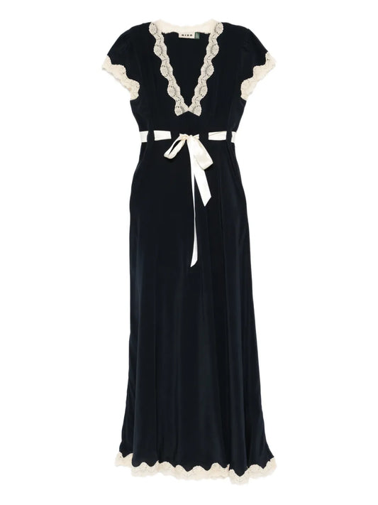 Rixo Marlice Lace Detail Tie Detail Midi Dress — Navy — Size S — Front View