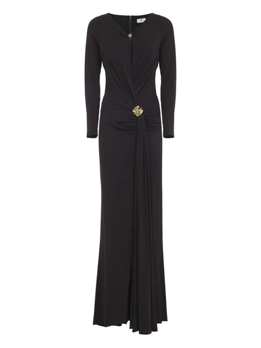 Elisabetta Franchi Draped Detail Maxi Dress — Gold — Size XS — Front View