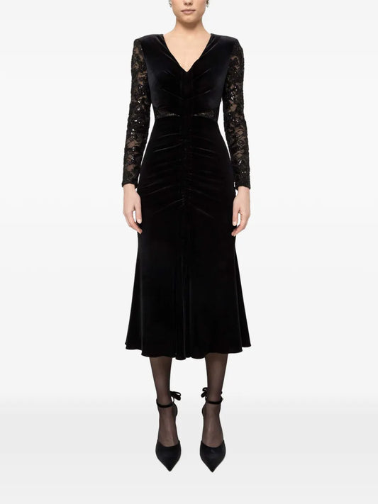 Nissa Lace Insert Velvet Midi Dress — Black — Size XS — Front View