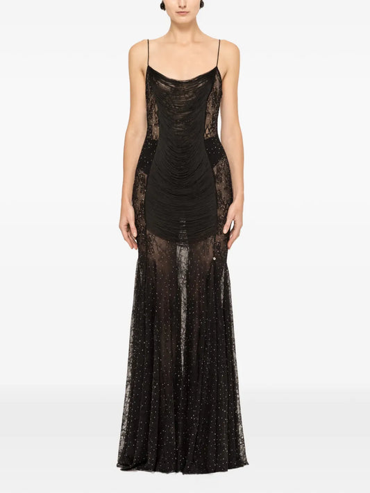 Nissa Fringed Lace Maxi Dress — Black — Size XS — Front View