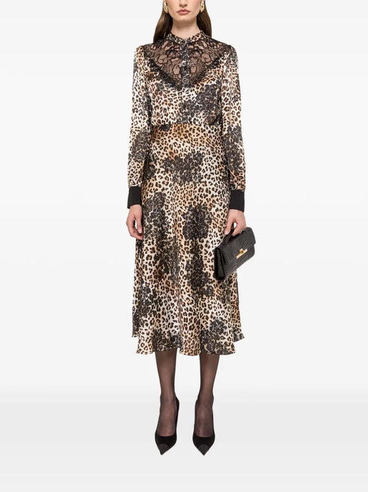 Nissa Leopard Print Midi Dress — Black/ Brown — Size S — Front View