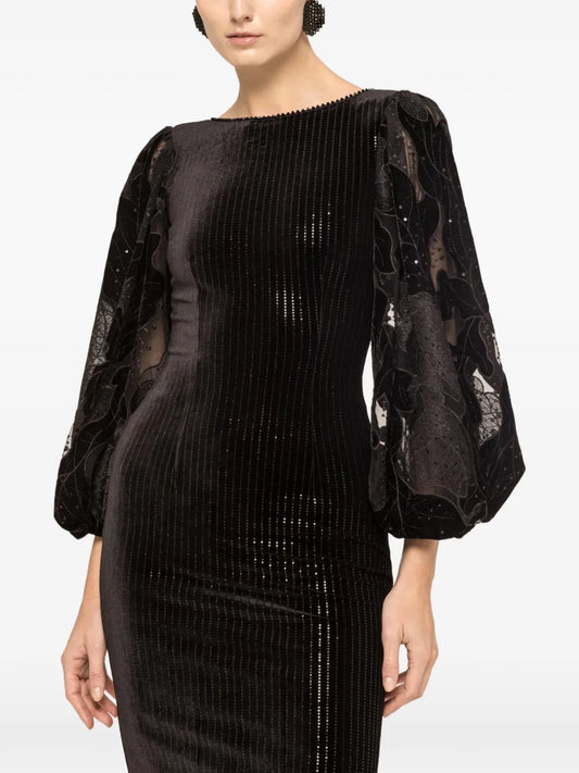 Nissa Sequin Detailed Velvet Midi Dress — Black — Size XS — Front View