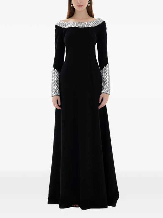 Dina Melwani Crystal Embellished Gown — Black — Size XS — Front View