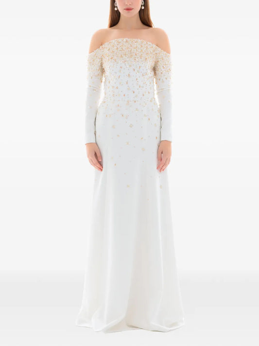Dina Melwani Pearl Crystal Embellished Gown — White — Size S — Front View