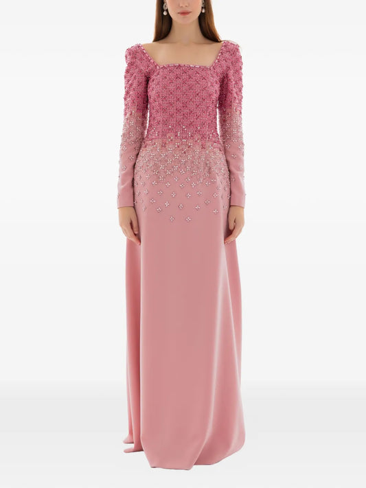 Dina Melwani Crystal Grid Embroidered Gown — Red/ Pink — Size XS — Front View