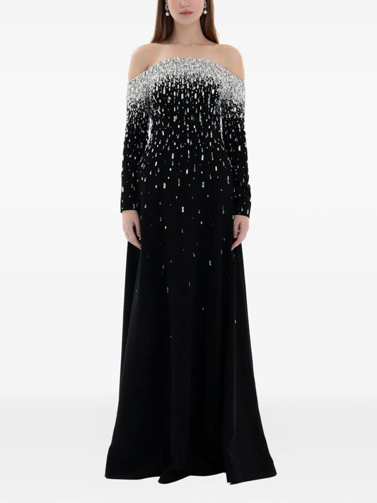 Dina Melwani Crystal Off Shoulder Gown — Black/ Red — Size XS — Front View