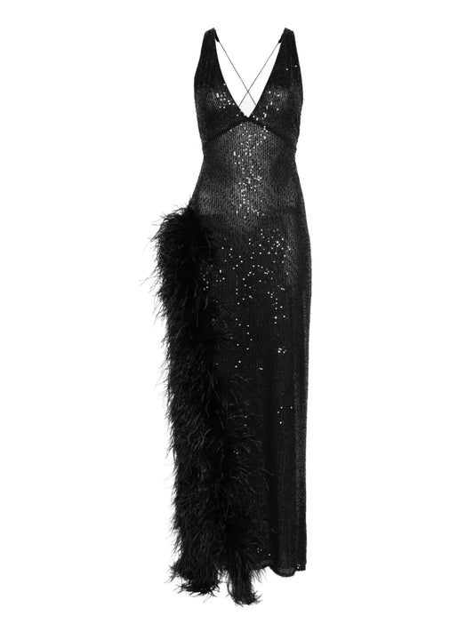 Atu Body Couture Feather Trim Sequined Maxi Dress — Black — Size S — Front View