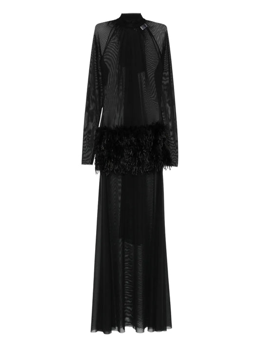 Atu Body Couture Feather Panel Gown — Black — Size XS — Front View