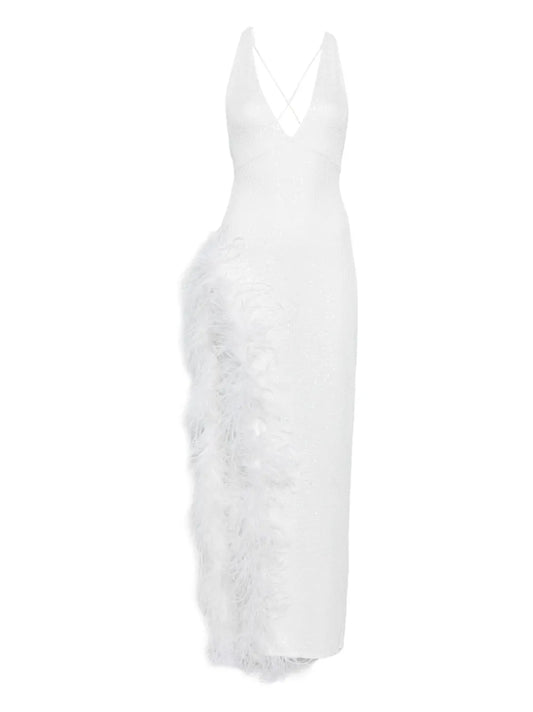 Atu Body Couture Feather Trim V Neck Maxi Dress — White — Size XS — Front View
