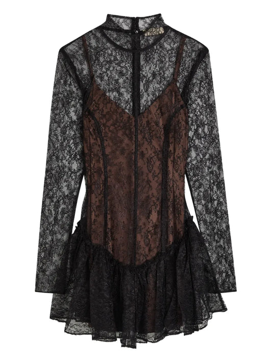 De La Vali Brisa Lace Ruffled Mini Dress — Black — Size S — Front View