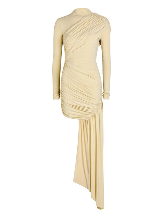 De La Vali Ravel Draped Long Sleeve Mini Dress — Red/ Cream — Size XS — Front View