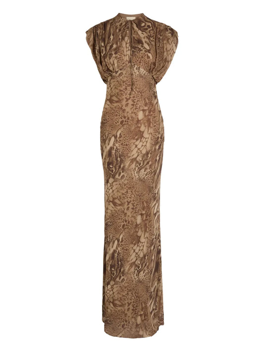 De La Vali Ceres Patterned Maxi Dress — Brown/ Red — Size XS — Front View
