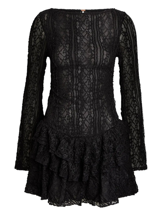 Free People Ruffled Lace Mini Dress — Black/ Red — Size XS — Front View