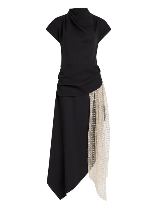 Staud Effie Asymmetric Midi Dress — Black/ White — Size XS — Front View
