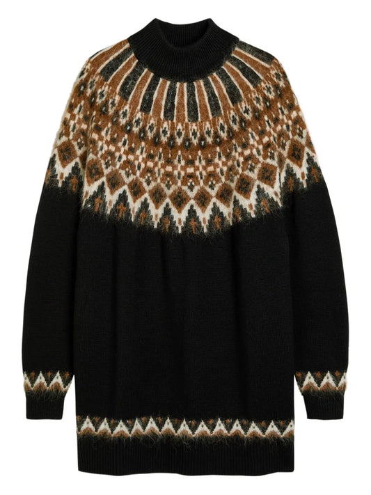 Staud Liza Patterned Roll Neck Mini Dress — Black — Size S — Front View