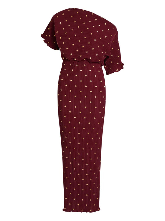 Never Fully Dressed Tilly One Shoulder Polka Dot Maxi Dress — Red — Size S — Front View