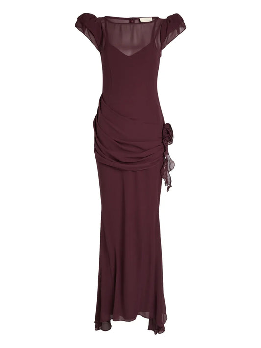 De La Vali Floral Draped Maxi Dress — Red — Size XS — Front View