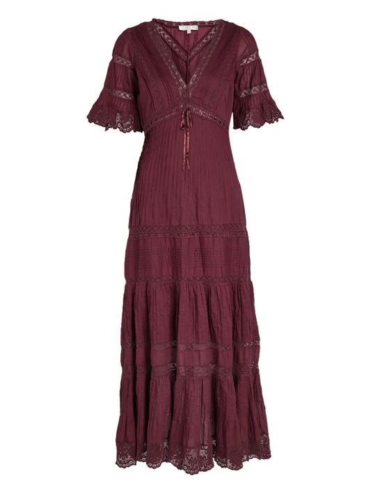 Loveshackfancy Marlowe Lace Detail Midi Dress — Red — Size XS — Front View