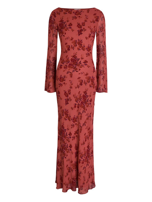 Reformation Floral Long Sleeve Maxi Dress — Red — Size XS — Front View