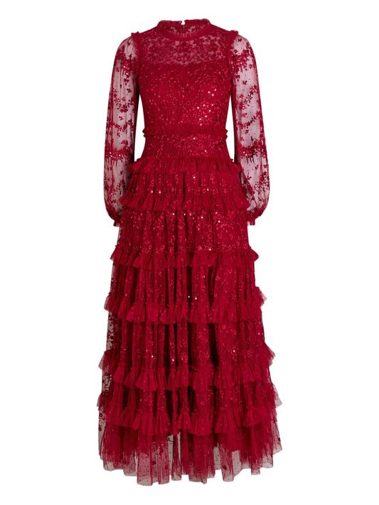 Needle Thread Blossom Sequin Embellished Maxi Dress — Red — Size XS — Front View