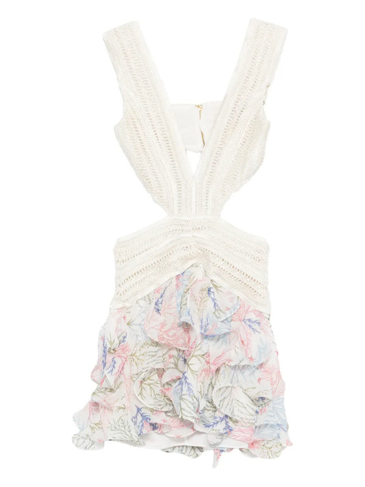 Patbo Cut Out Floral Ruffled Dress — Off White/ White — Size XS — Front View