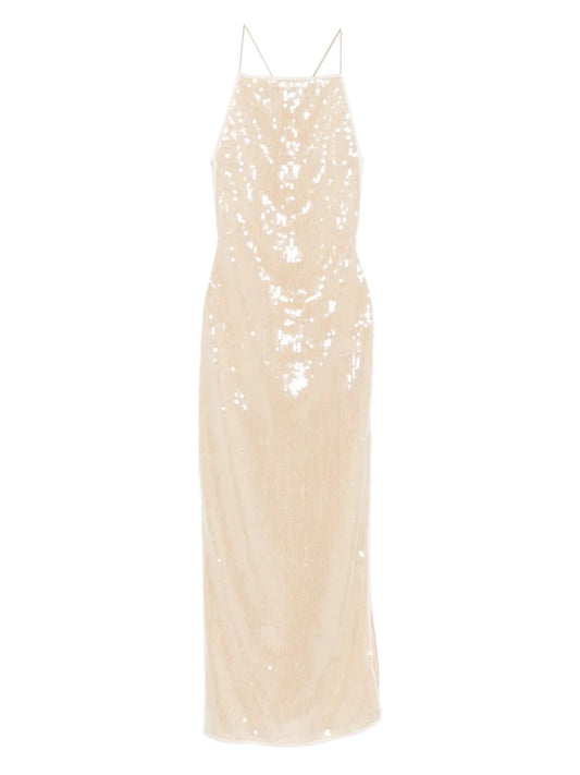 Oseree Marylin Sequin Embellished Dress — Beige — Size XS — Front View