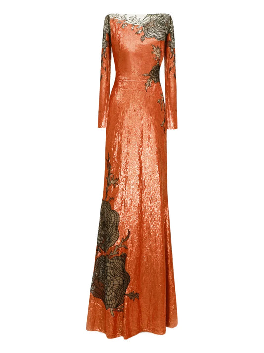 Gemy Maalouf Long Sleeve Embroidered Maxi Dress — Red/ Orange — Size S — Front View