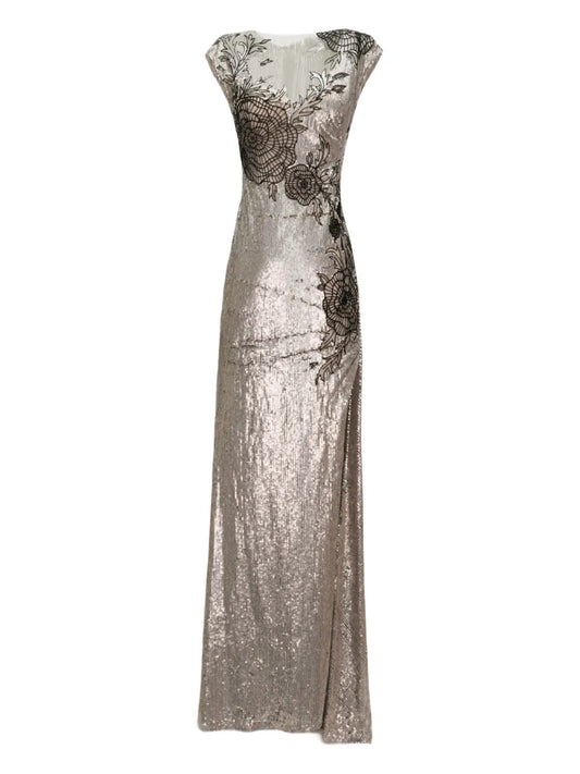 Gemy Maalouf Embroidered Maxi Dress — Grey/ Red — Size XS — Front View