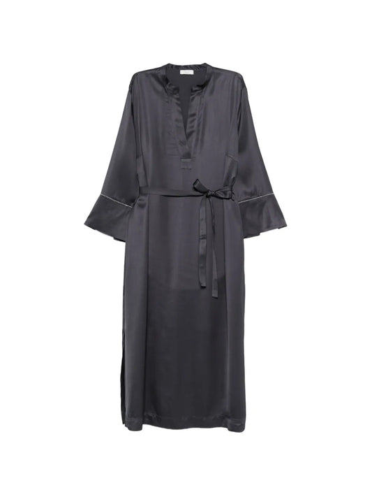 Peserico Tie Waist V Neck Midi Dress — Grey — Size XS — Front View
