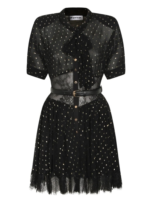 Self Portrait Lace Belted Midi Dress — Black — Size XS — Front View