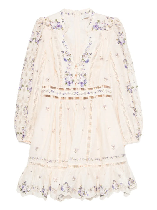 Zimmermann Patience Floral Print Lace Mini Dress — Cream — Size XS — Front View