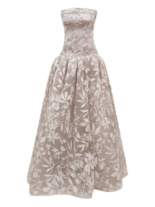 Gemy Maalouf Embellished Dropped Down Waistline Maxi Dress — Grey/ Pink — Size XS — Front View