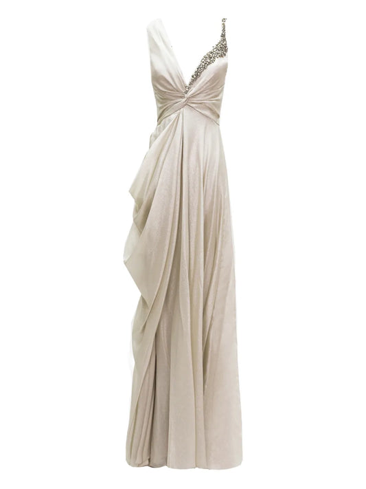 Gemy Maalouf Asymmetrical Draped Maxi Dress — Beige — Size XS — Front View