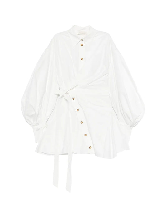Zimmermann Tie Waist Button Mini Dress — White/ Red — Size XS — Front View