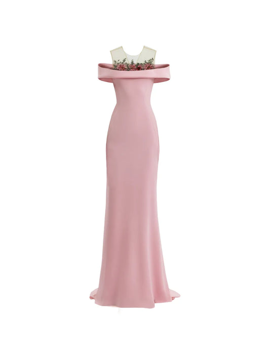 Gemy Maalouf Floral Beaded Off Shoulder Maxi Dress — Pink — Size S — Front View