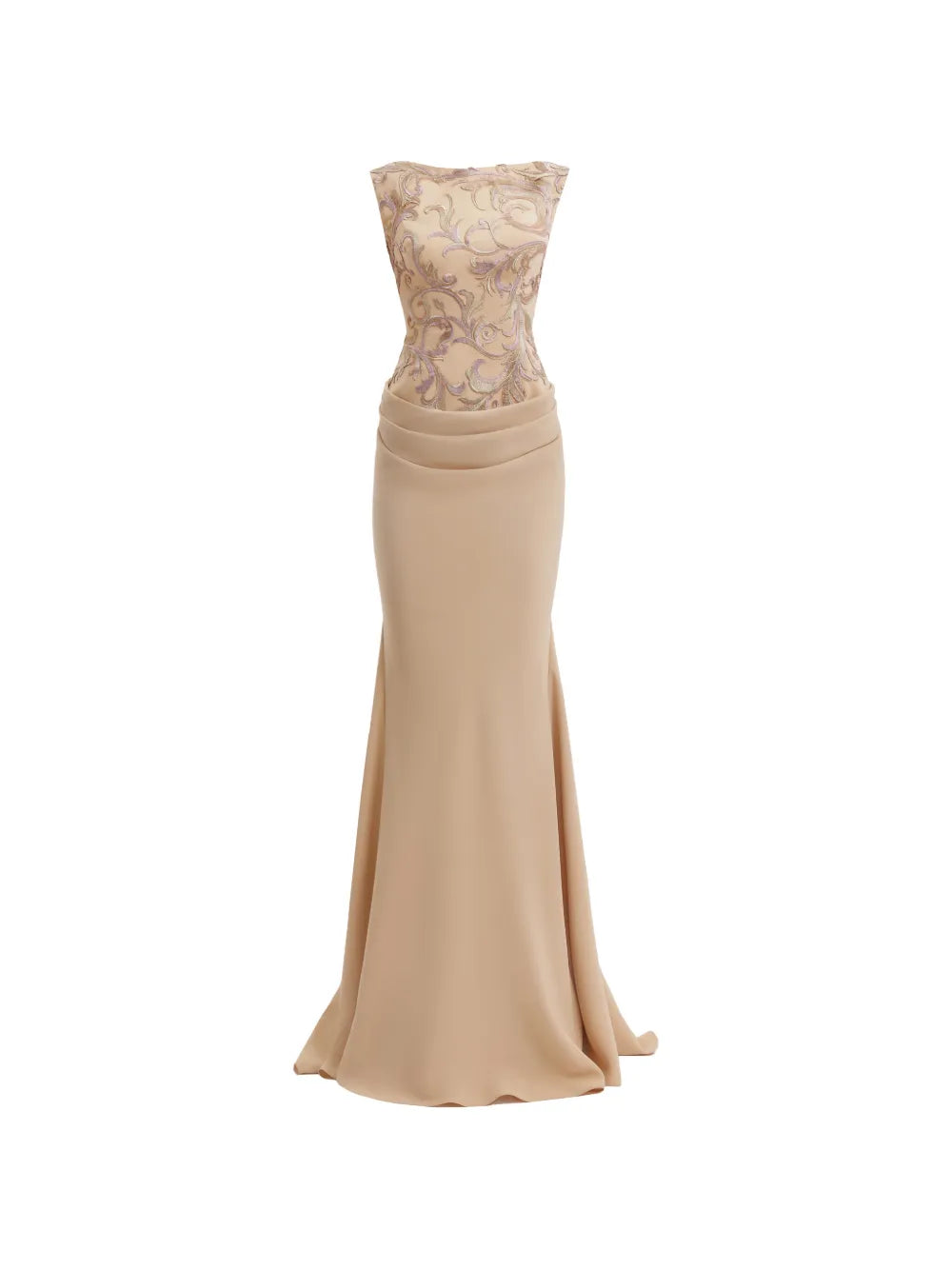 Gemy Maalouf Embroidered Fitted Maxi Dress — Light Brown/ Brown/ Red — Size XS — Front View