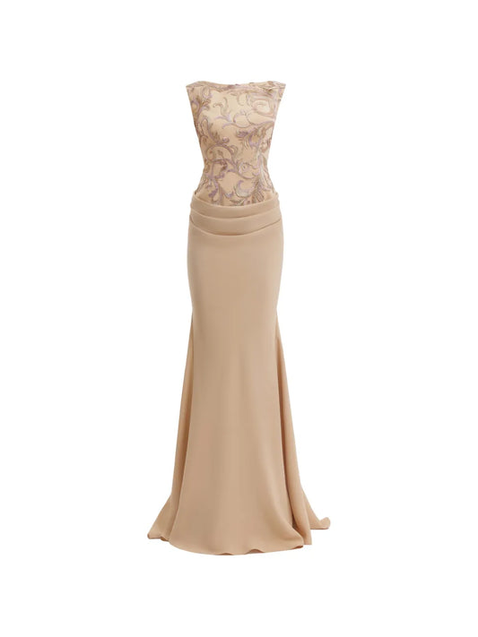 Gemy Maalouf Embroidered Fitted Maxi Dress — Light Brown/ Brown/ Red — Size XS — Front View