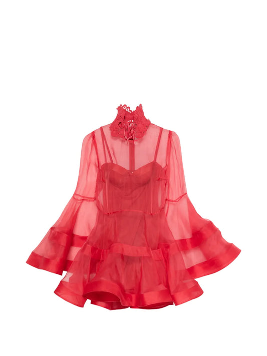 Zimmermann Rebellion Lantern Lace Collar Layered Mini Dress — Red — Size XS — Front View