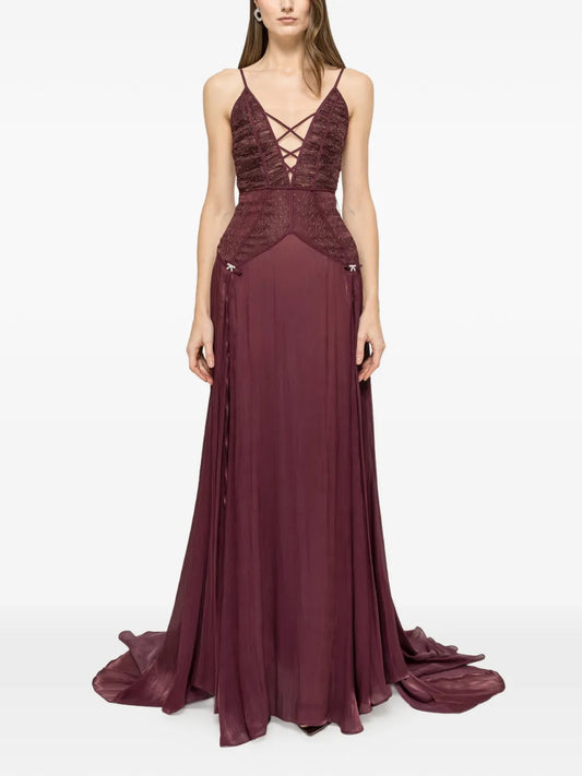 Nissa Lace Panel Chiffon Maxi Dress — Red — Size XS — Front View