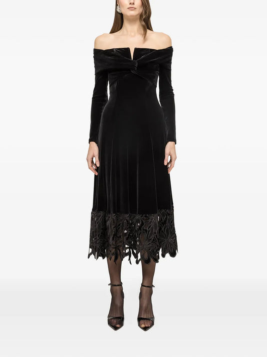 Nissa Off Shoulder Velvet Midi Dress — Black — Size S — Front View