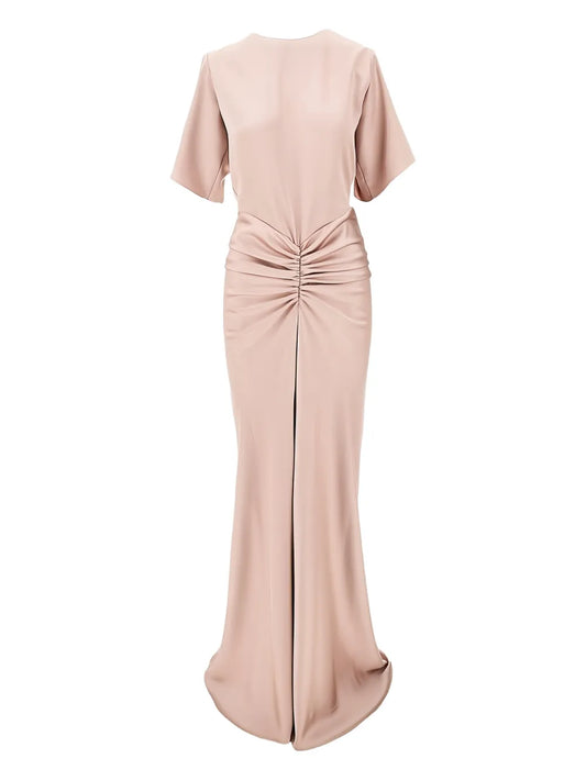 The Andamane Iris Ruched Maxi Dress — Pink — Size XS — Front View